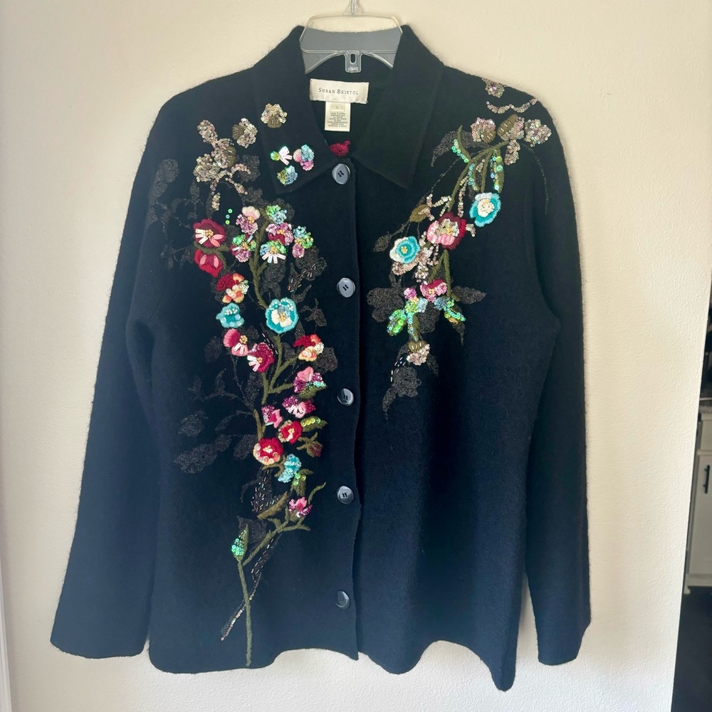 Beautiful Black Wool Susan Bristol Jacket Grandma Floral Button Up Size Large